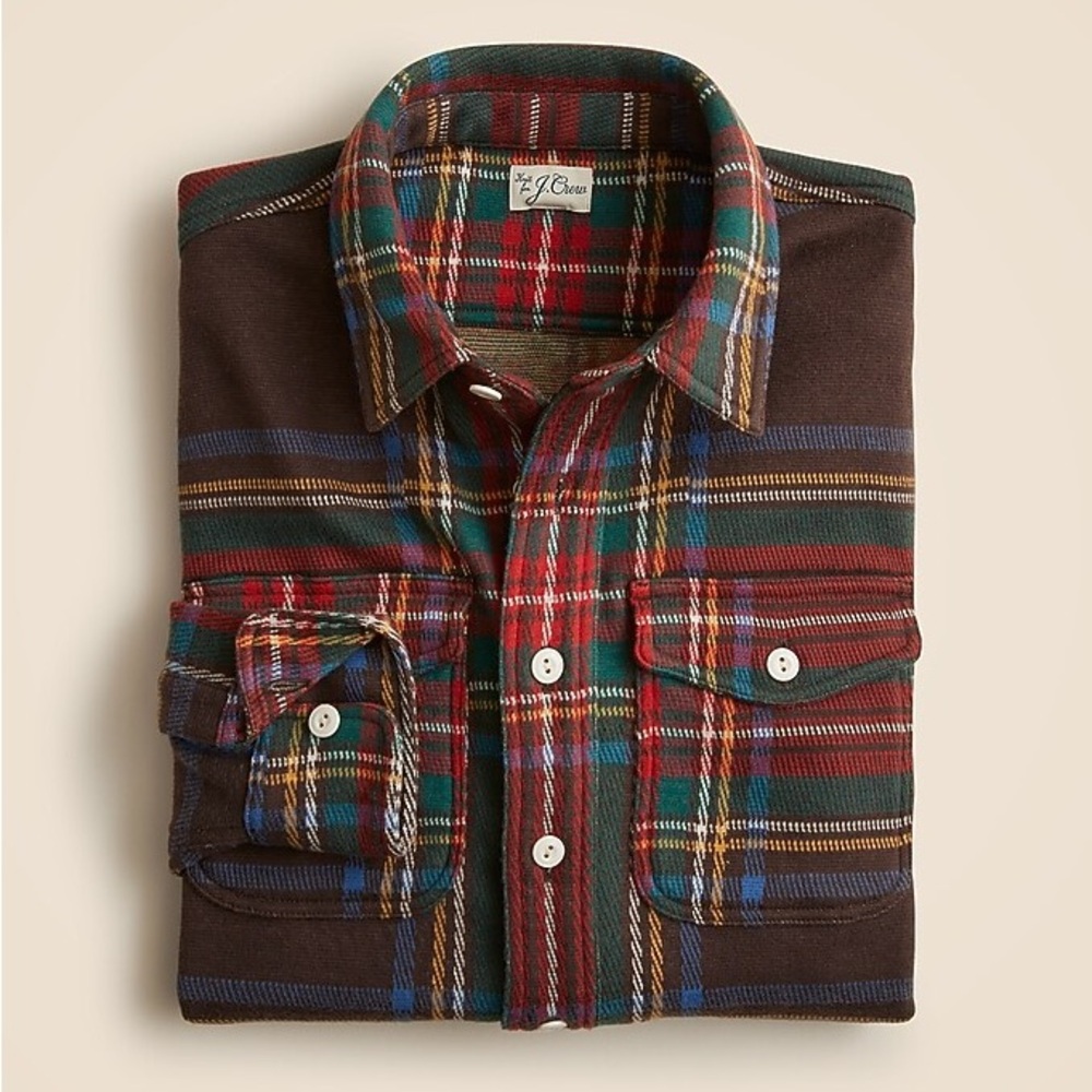 NWT J. Crew Men’s Soft-Knit Seaboard Shirt in Brown Plaid, Size Large
